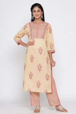 Women's Beige Cotton Mugal Print Straight Kurta Palazzo Set 1