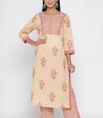 Women's Beige Cotton Mugal Print Straight Kurta Palazzo Set