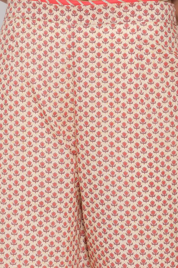 Women's Beige Cotton Mugal Print Straight Kurta Palazzo Set