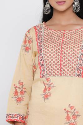 Women's Beige Cotton Mugal Print Straight Kurta Palazzo Set 3