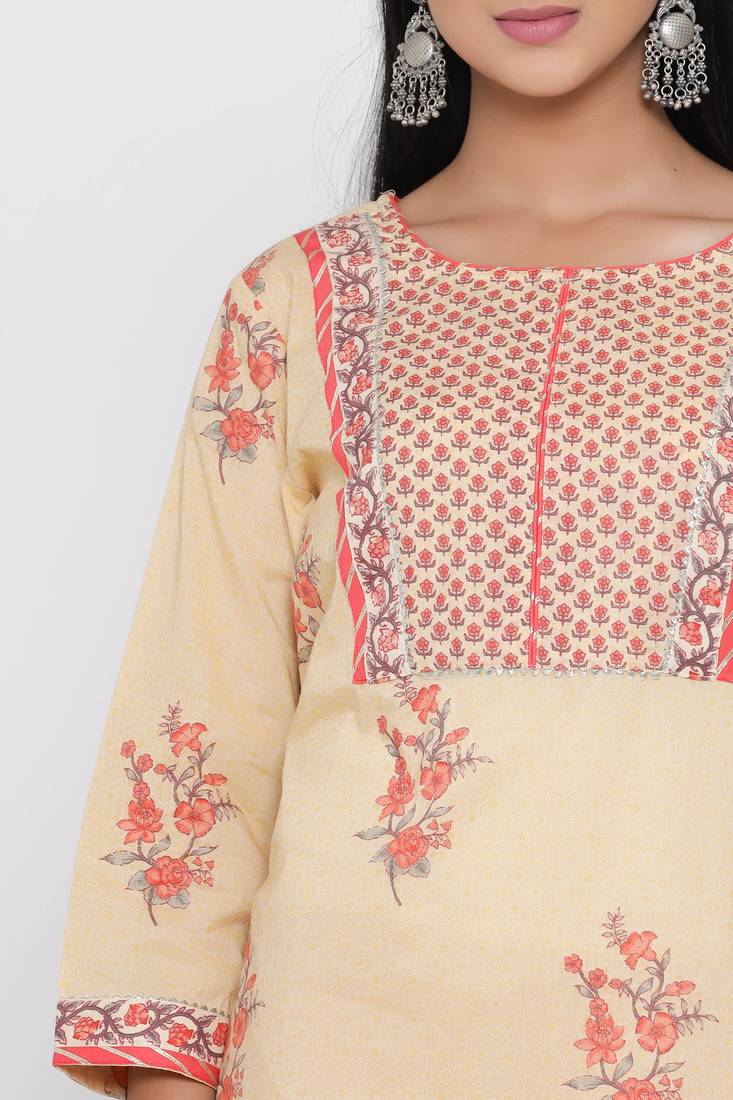 Women's Beige Cotton Mugal Print Straight Kurta Palazzo Set