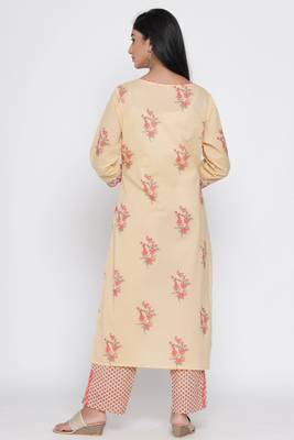 Women's Beige Cotton Mugal Print Straight Kurta Palazzo Set 4