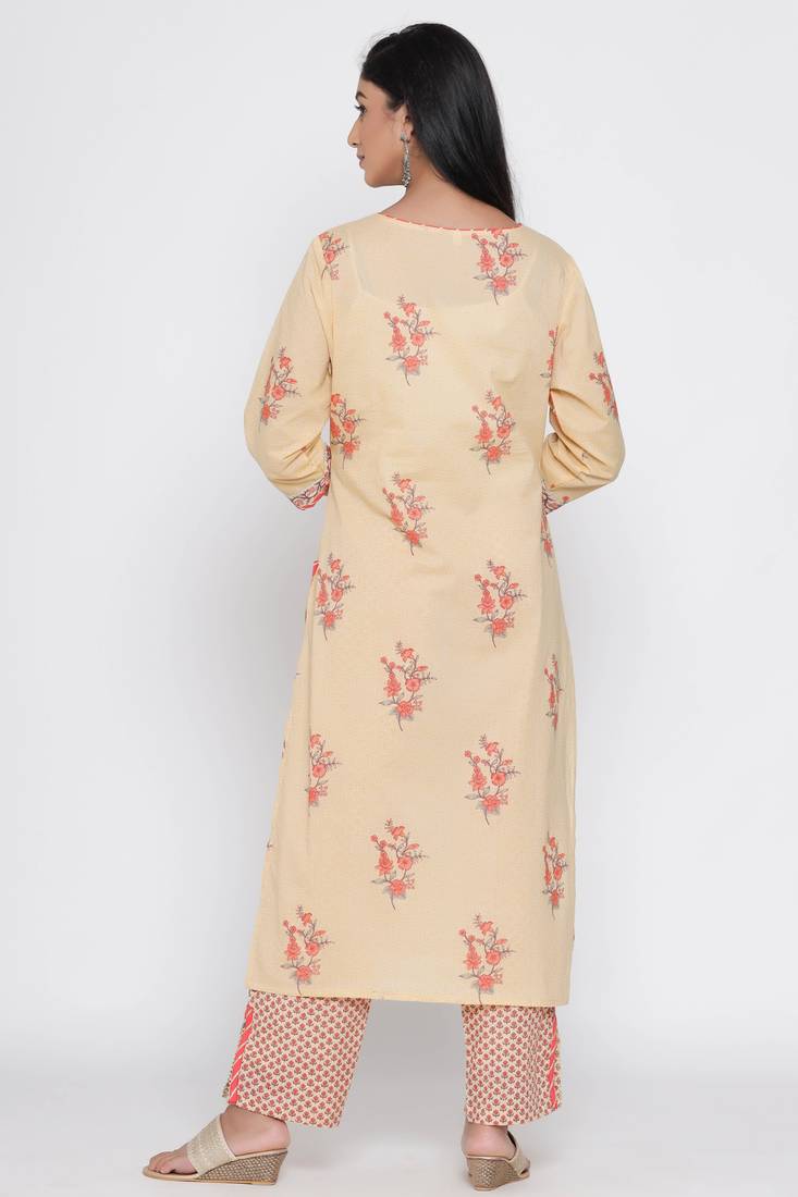 Women's Beige Cotton Mugal Print Straight Kurta Palazzo Set