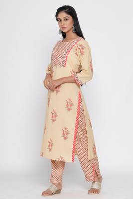 Women's Beige Cotton Mugal Print Straight Kurta Palazzo Set 5