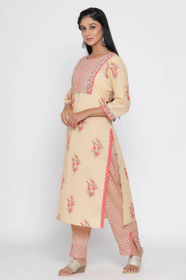 Women's Beige Cotton Mugal Print Straight Kurta Palazzo Set