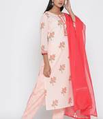 Women's Peach Cotton Cambric Floral Print Straight Kurta Pant & Dupatta Set