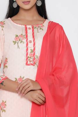 Women's Peach Cotton Cambric Floral Print Straight Kurta Pant & Dupatta Set 2
