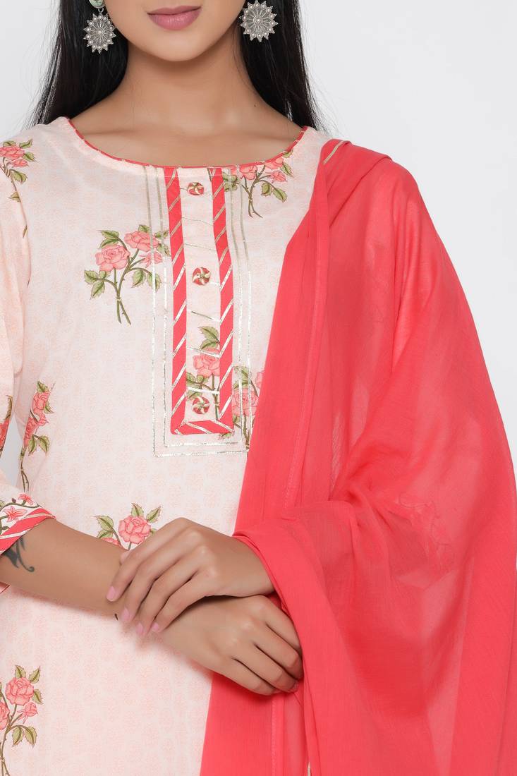Women's Peach Cotton Cambric Floral Print Straight Kurta Pant & Dupatta Set