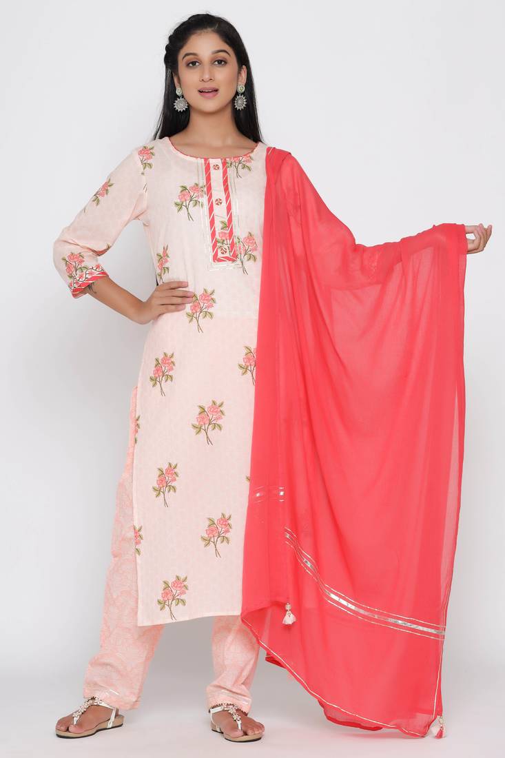 Women's Peach Cotton Cambric Floral Print Straight Kurta Pant & Dupatta Set