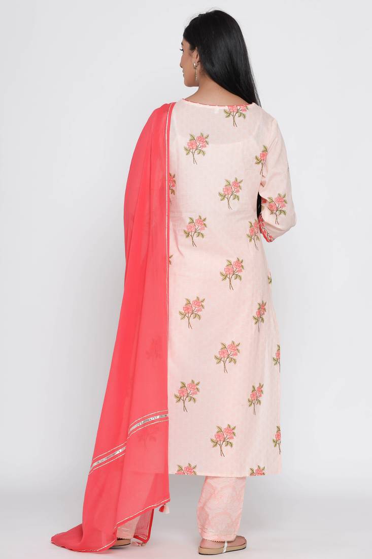 Women's Peach Cotton Cambric Floral Print Straight Kurta Pant & Dupatta Set