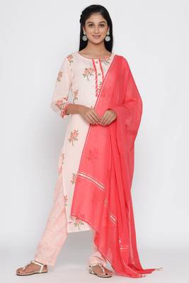 Women's Peach Cotton Cambric Floral Print Straight Kurta Pant & Dupatta Set 5