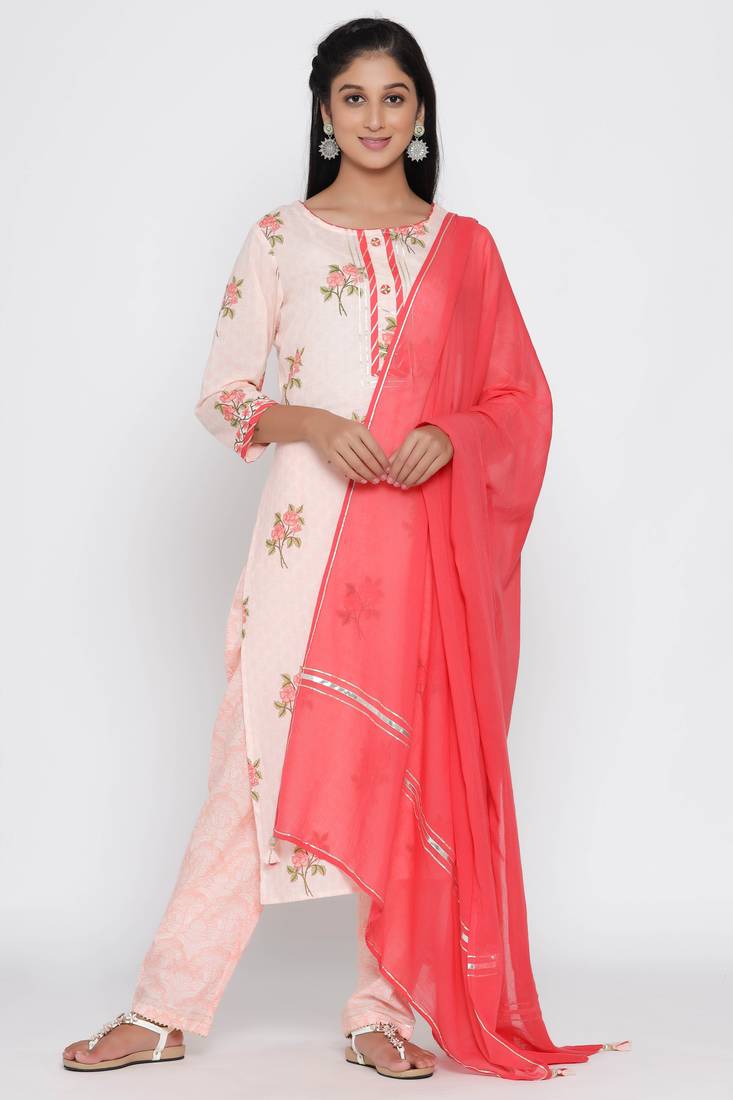 Women's Peach Cotton Cambric Floral Print Straight Kurta Pant & Dupatta Set