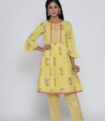 Women's Yellow Cotton Cambric Mugal Print Frock Style Kurta Palazzo Set