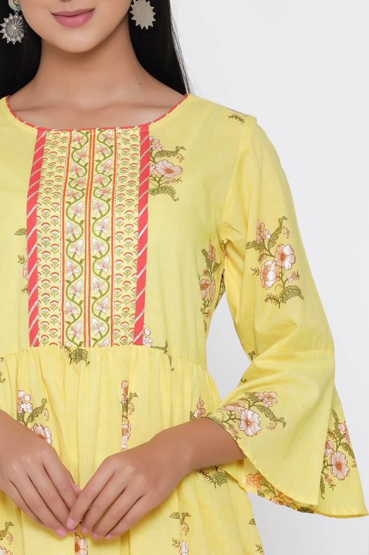 Women's Yellow Cotton Cambric Mugal Print Frock Style Kurta Palazzo Set