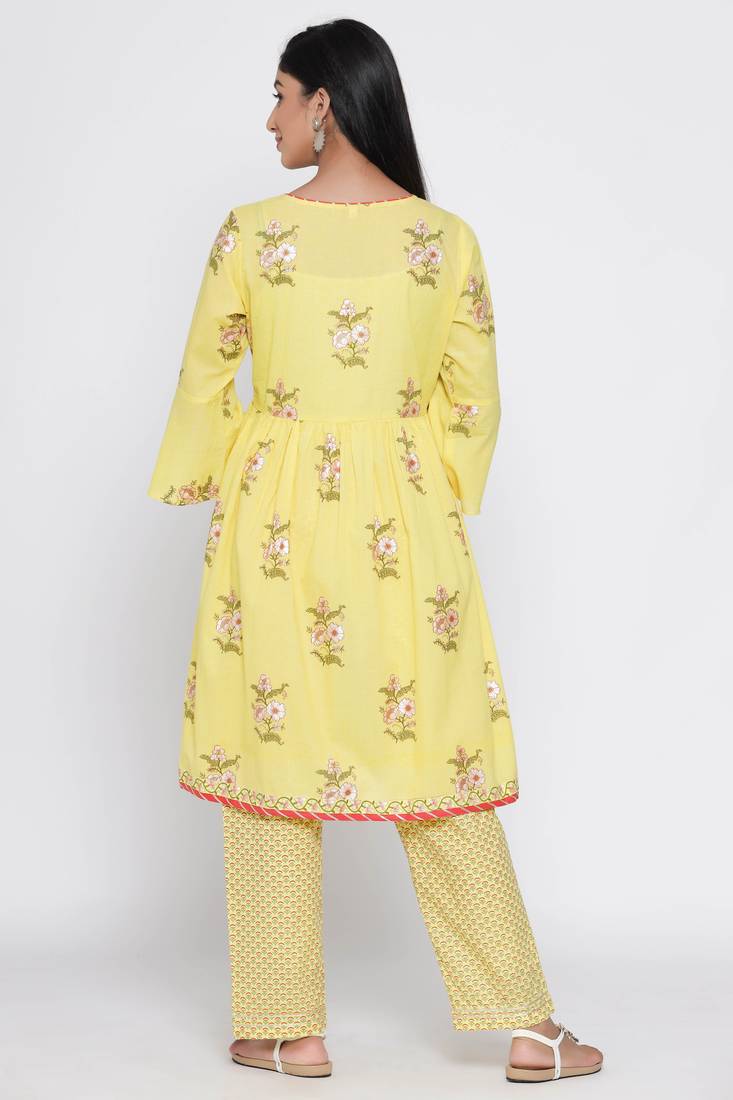 Women's Yellow Cotton Cambric Mugal Print Frock Style Kurta Palazzo Set