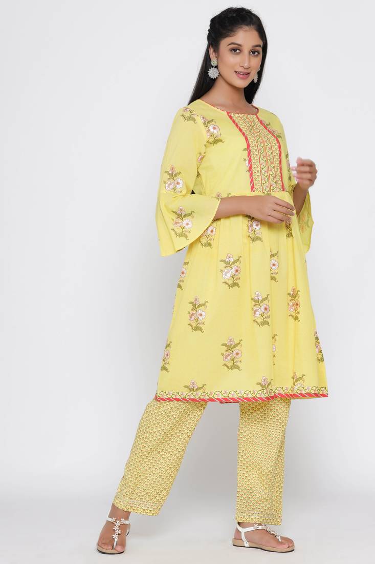 Women's Yellow Cotton Cambric Mugal Print Frock Style Kurta Palazzo Set
