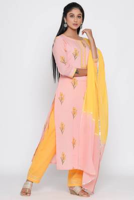 Women's Peach Cotton Cambric Mugal Print Straight Kurta Palazzo & Dupatta Set 1
