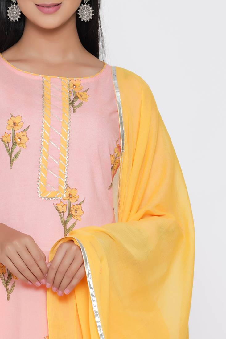 Women's Peach Cotton Cambric Mugal Print Straight Kurta Palazzo & Dupatta Set