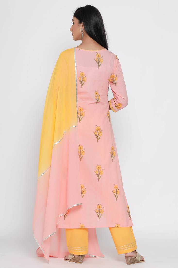 Women's Peach Cotton Cambric Mugal Print Straight Kurta Palazzo & Dupatta Set