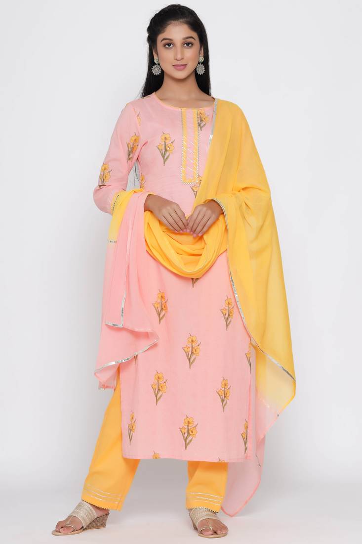 Women's Peach Cotton Cambric Mugal Print Straight Kurta Palazzo & Dupatta Set