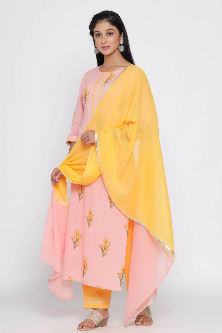 Women's Peach Cotton Cambric Mugal Print Straight Kurta Palazzo & Dupatta Set