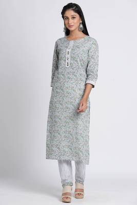 Women's Grey Cotton Cambric Hand Block Print Straight Kurta Pant Set 1