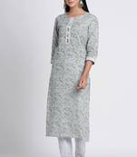 Women's Grey Cotton Cambric Hand Block Print Straight Kurta Pant Set