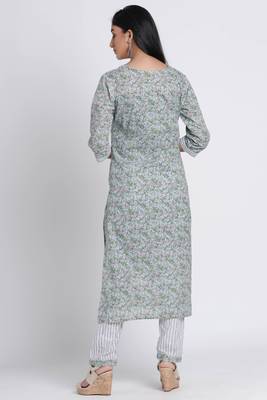 Women's Grey Cotton Cambric Hand Block Print Straight Kurta Pant Set 2