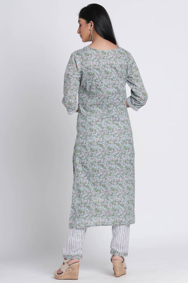 Women's Grey Cotton Cambric Hand Block Print Straight Kurta Pant Set