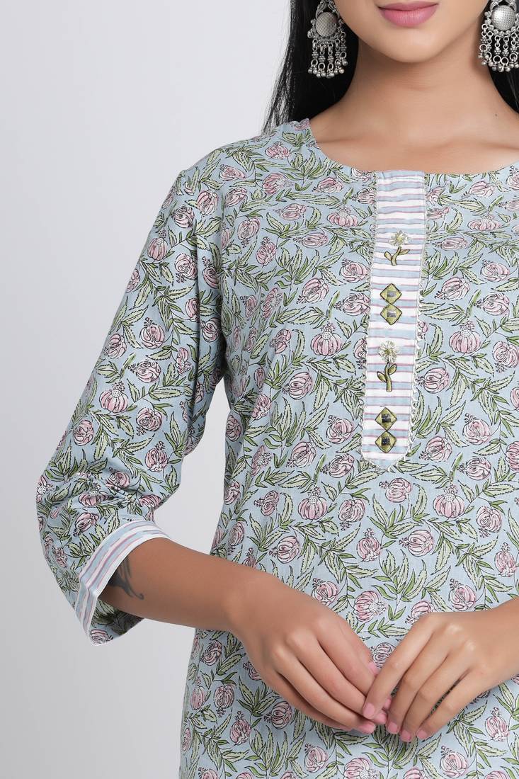 Women's Grey Cotton Cambric Hand Block Print Straight Kurta Pant Set