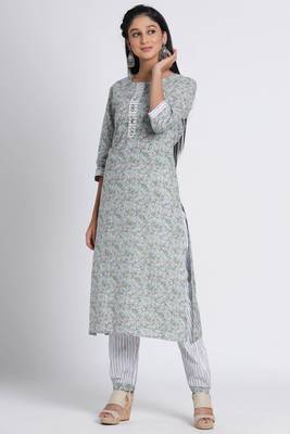 Women's Grey Cotton Cambric Hand Block Print Straight Kurta Pant Set 4