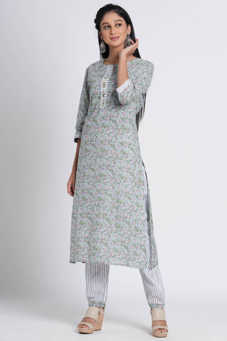 Women's Grey Cotton Cambric Hand Block Print Straight Kurta Pant Set