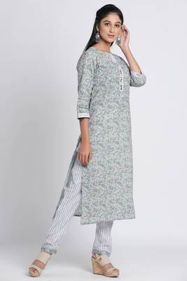 Women's Grey Cotton Cambric Hand Block Print Straight Kurta Pant Set 5
