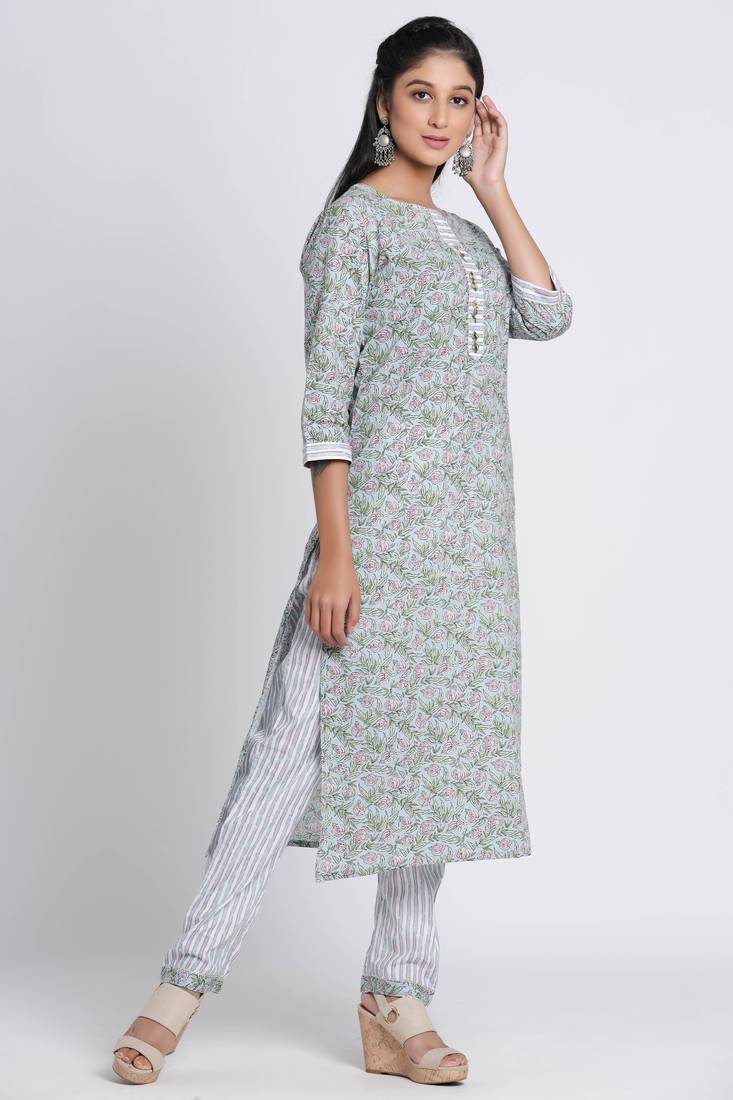 Women's Grey Cotton Cambric Hand Block Print Straight Kurta Pant Set