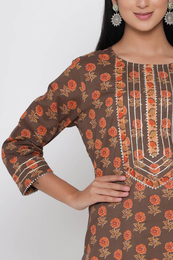 Women's Brown Cotton Cambric Hand Block Print Straight Kurta Palazzo & Dupatta Set