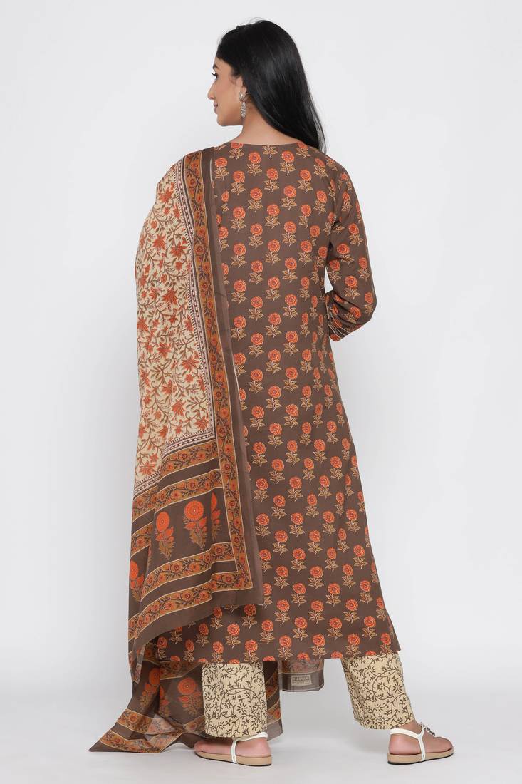 Women's Brown Cotton Cambric Hand Block Print Straight Kurta Palazzo & Dupatta Set