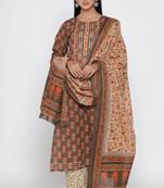 Women's Brown Cotton Cambric Hand Block Print Straight Kurta Palazzo & Dupatta Set
