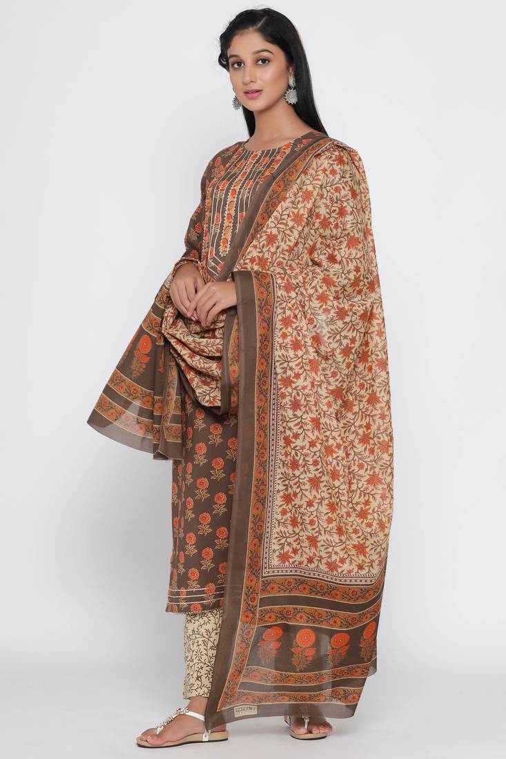 Women's Brown Cotton Cambric Hand Block Print Straight Kurta Palazzo & Dupatta Set