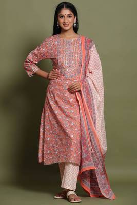 Women's Orange Cotton Cambric Hand Block Print Straight Kurta Pant & Dupatta Set 1