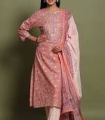 Women's Orange Cotton Cambric Hand Block Print Straight Kurta Pant & Dupatta Set