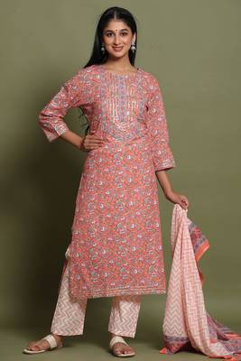 Women's Orange Cotton Cambric Hand Block Print Straight Kurta Pant & Dupatta Set 2