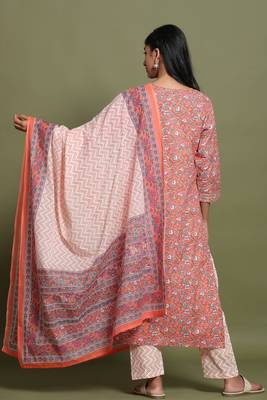 Women's Orange Cotton Cambric Hand Block Print Straight Kurta Pant & Dupatta Set 3