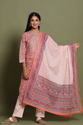 Women's Orange Cotton Cambric Hand Block Print Straight Kurta Pant & Dupatta Set 4