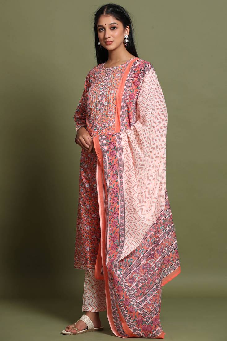 Women's Orange Cotton Cambric Hand Block Print Straight Kurta Pant & Dupatta Set