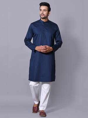 Men's Blue Cotton Satin Solid Straight Kurta Payjama Set 1