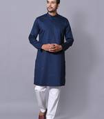 Men's Blue Cotton Satin Solid Straight Kurta Payjama Set
