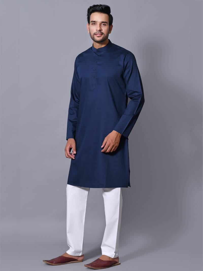 Men's Blue Cotton Satin Solid Straight Kurta Payjama Set