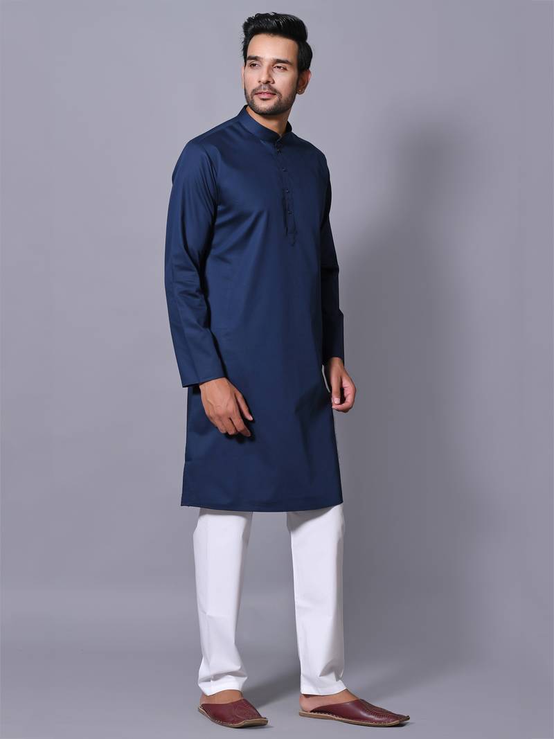 Men's Blue Cotton Satin Solid Straight Kurta Payjama Set