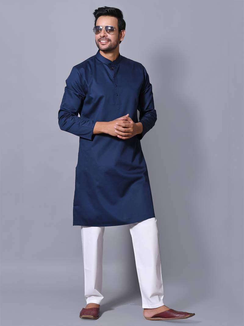 Men's Blue Cotton Satin Solid Straight Kurta Payjama Set