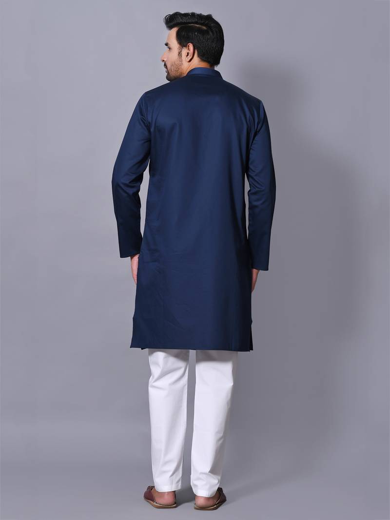 Men's Blue Cotton Satin Solid Straight Kurta Payjama Set